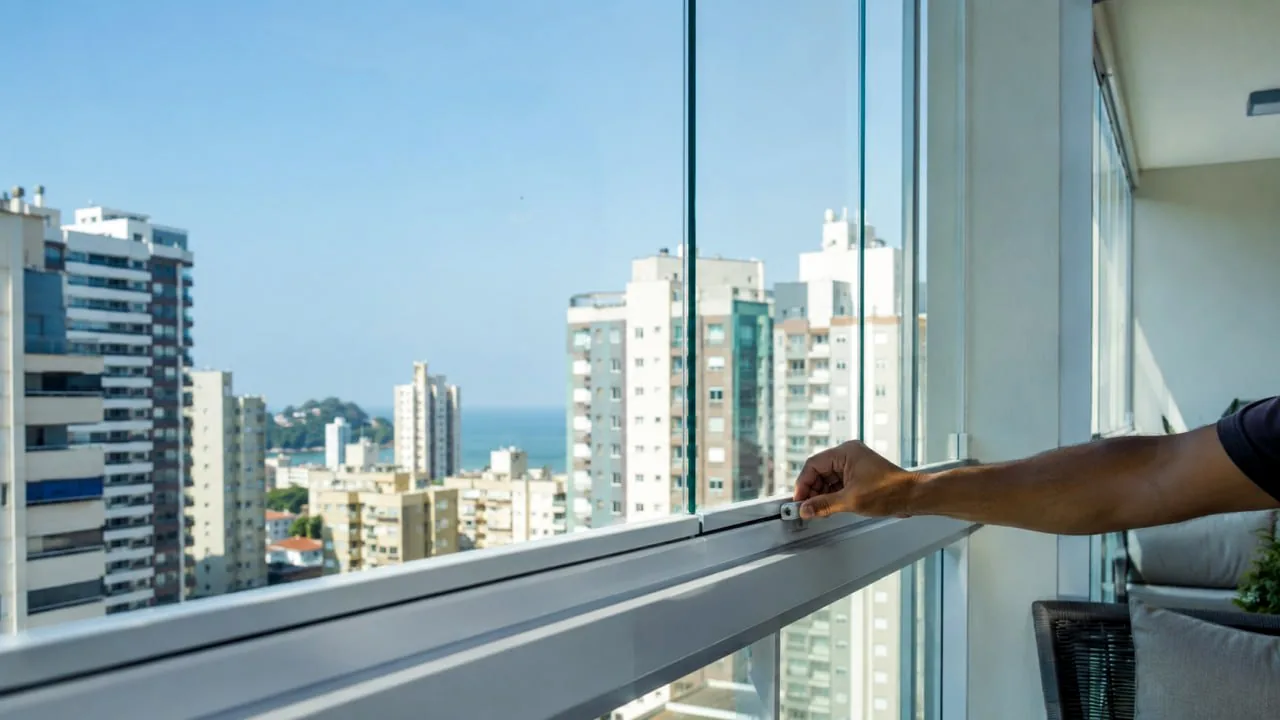 Técnico ajustando mecanismo de varanda envidraçada em apartamento em Vila Velha